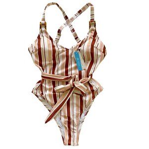 Cupshe One Piece Striped Cross Back Belted Swimsuit Women's Large NEW NWT
